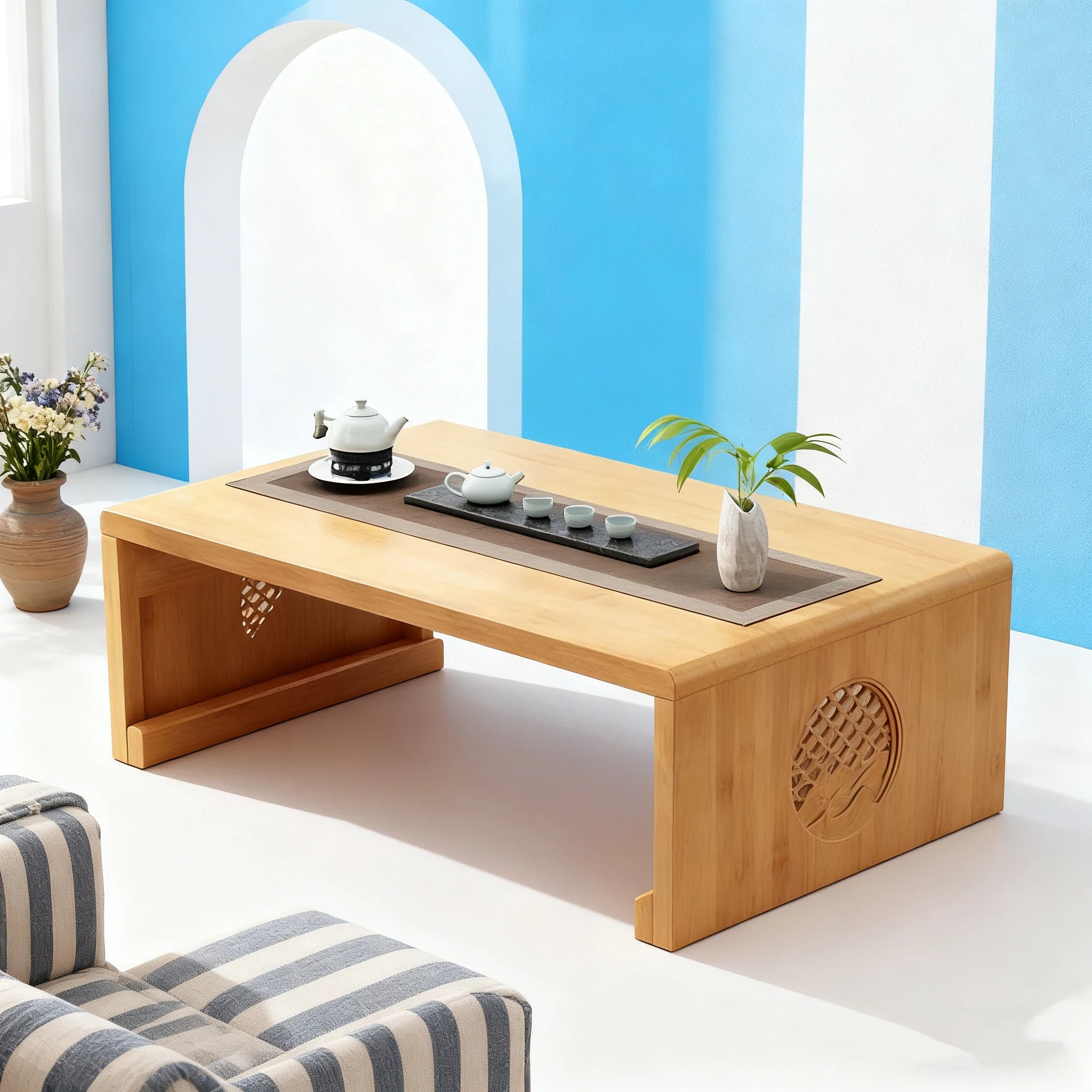 Foldable floor Japanese-style low tea table, no assembly required（120x50x30）