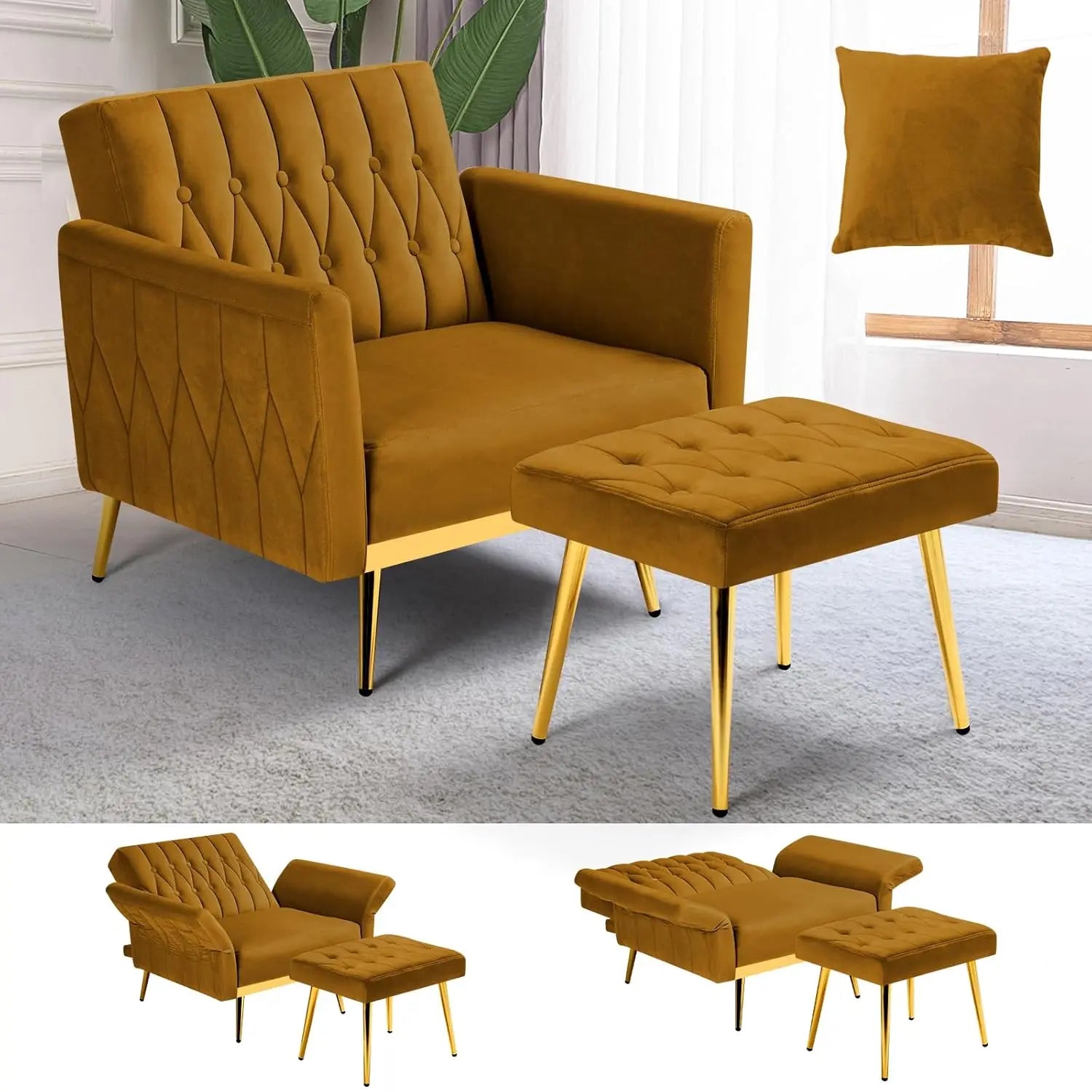 Velvet Recliner Chair Adjustable Armrests and Backrest, Button Tufted Chair