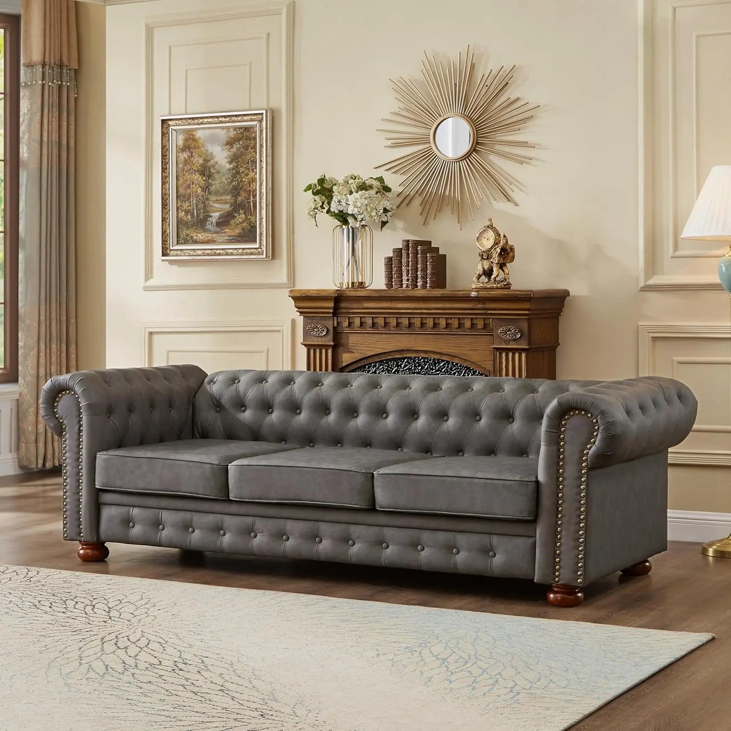 89" Leather Sofa Low Back Roll Arm Nail Head Trim 3-Seat