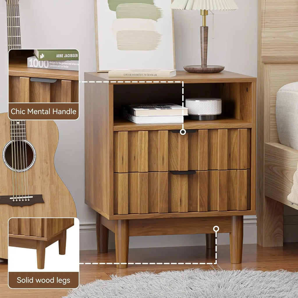 Fluted Nightstand 2-Drawers, 19" Wide Solid Wood Legs, Open Shelf