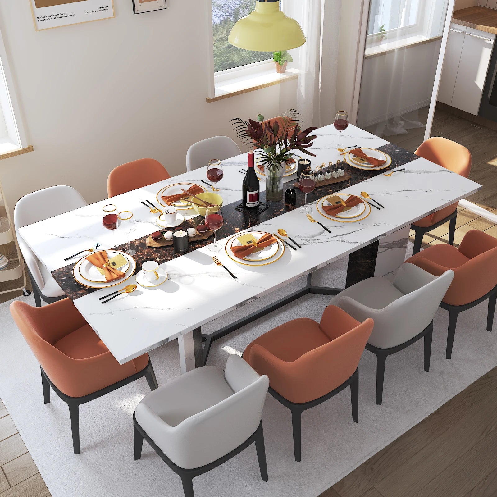 71IN Rectangular Table for 4-10 people, Marble Color Wood Tabletop, Metal Legs