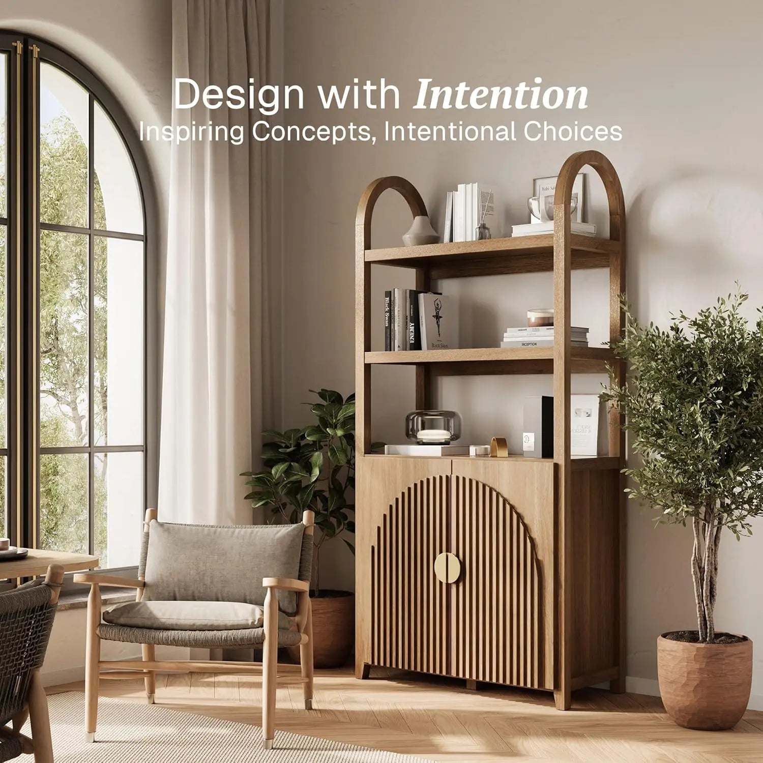 72" Tall Arched Bookcase Storage, 5-Tier Fluted Bookshelf Doors