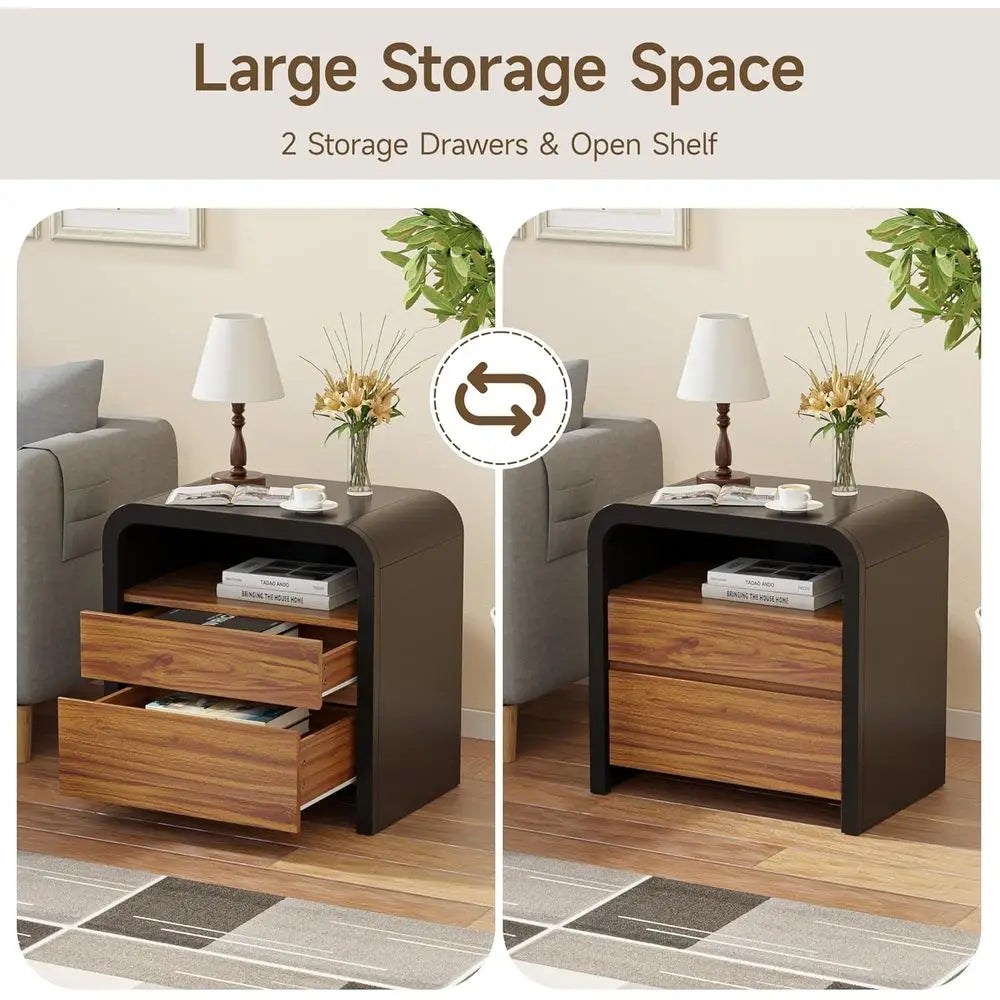 24IN Nightstand, Curved Anti-Collision Design 2 Storage