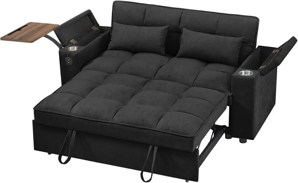 65'' 3-in-1 Folding, Pullout, Convertible Sofa Bed, 360° Swivel Side Table