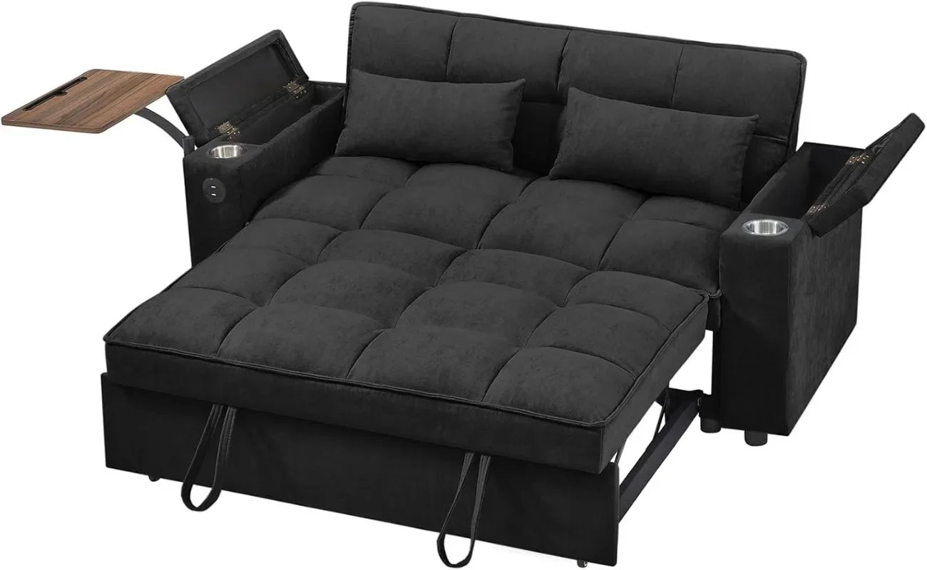 65'' 3-in-1 Folding, Pullout, Convertible Sofa Bed, 360° Swivel Side Table