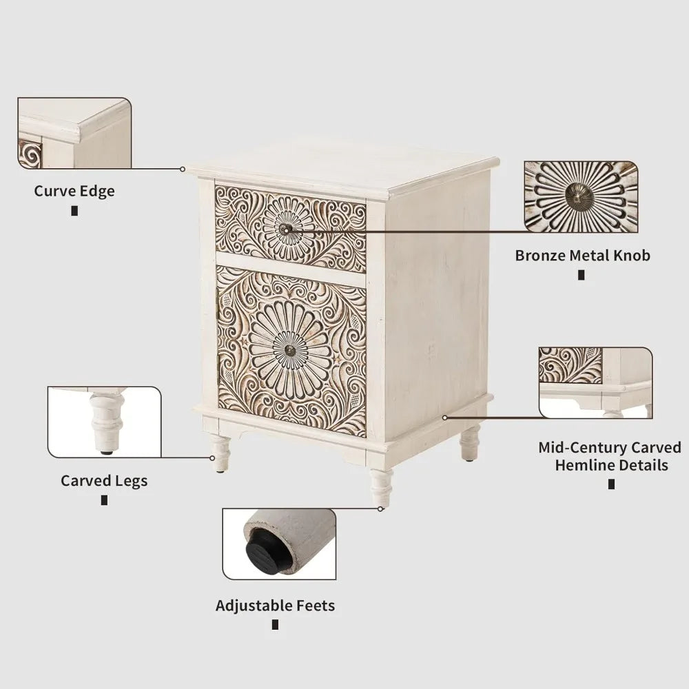 White Nightstand 2-Drawer & Storage Flower Motif