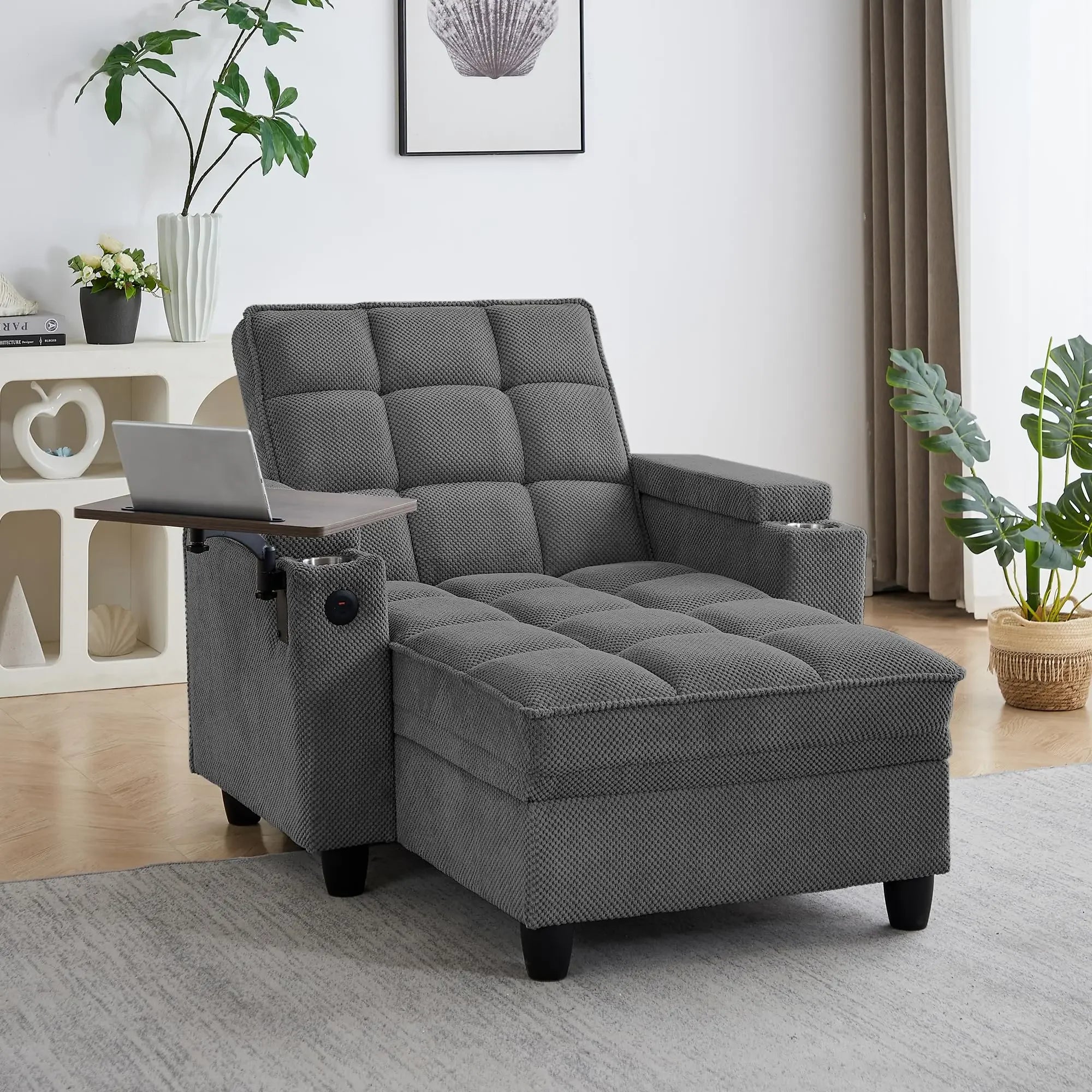 65'' 3-in-1 Folding, Pullout, Convertible Sofa Bed, 360° Swivel Side Table