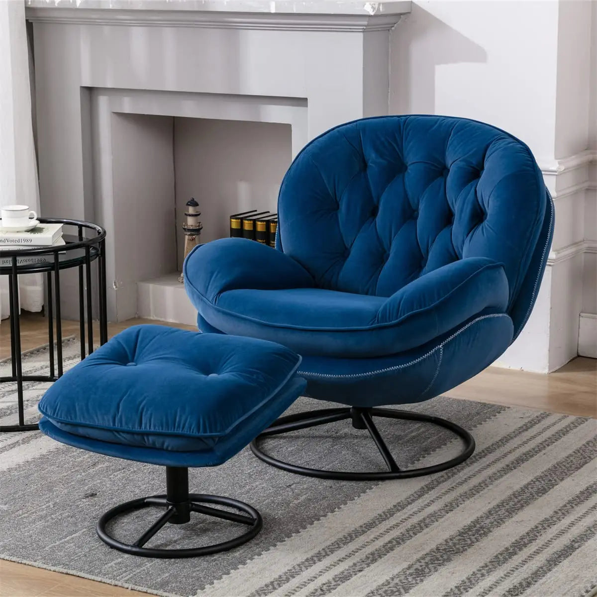 Swivel Accent Lounge Chair, Ottoman Set, Velvet Button Tufted Recliner