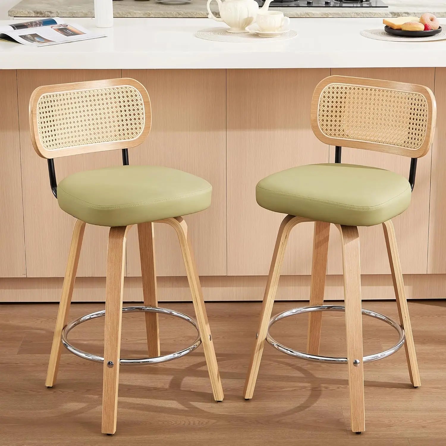 2 - Natural Rattan Bar Stools, Upholstered PU Leather