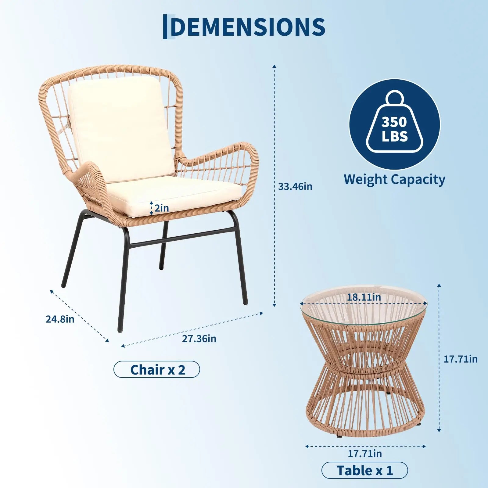 3PCS Patio Set PE Rattan Bistro Set-2 Wide Cushioned Chairs Glass Table