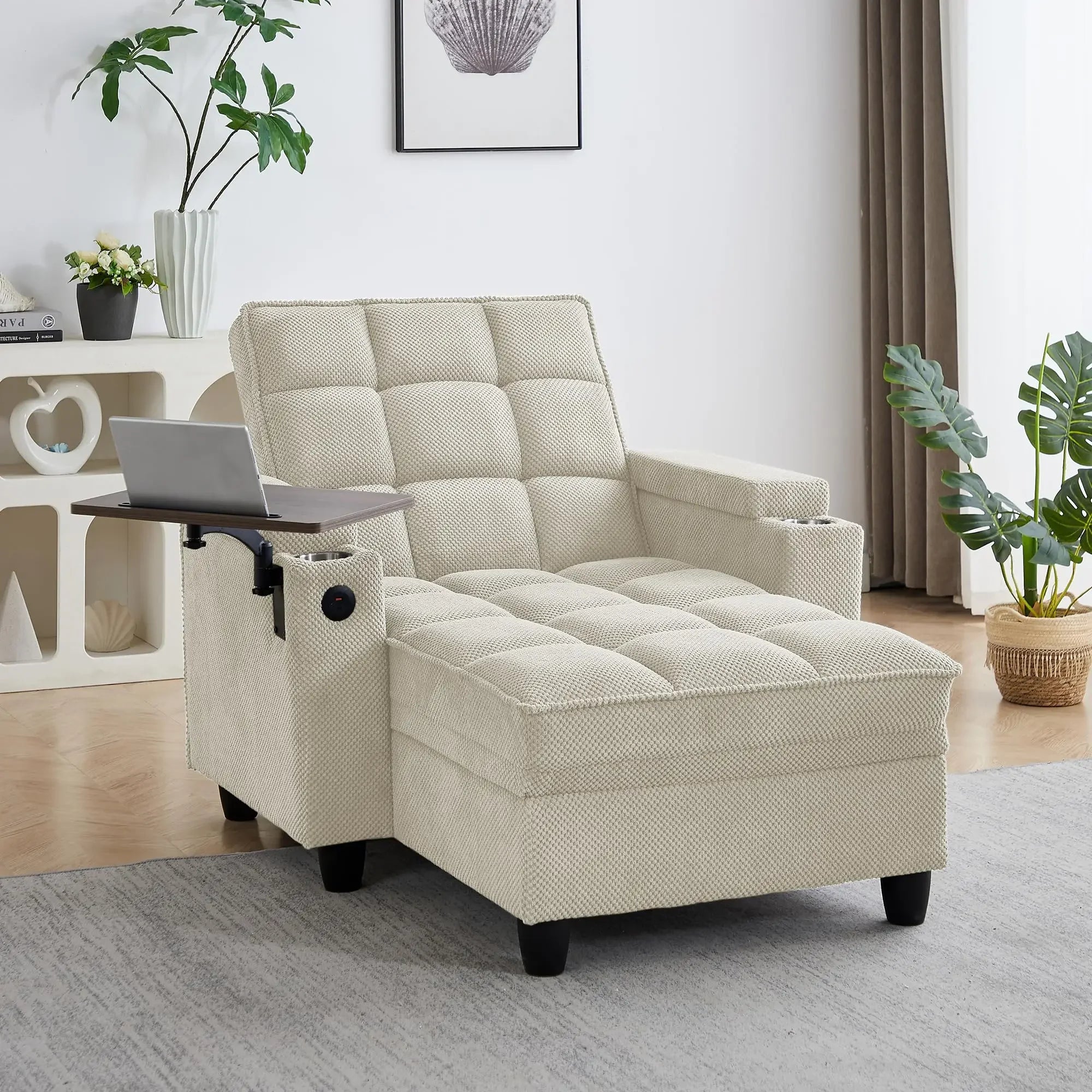 65'' 3-in-1 Folding, Pullout, Convertible Sofa Bed, 360° Swivel Side Table