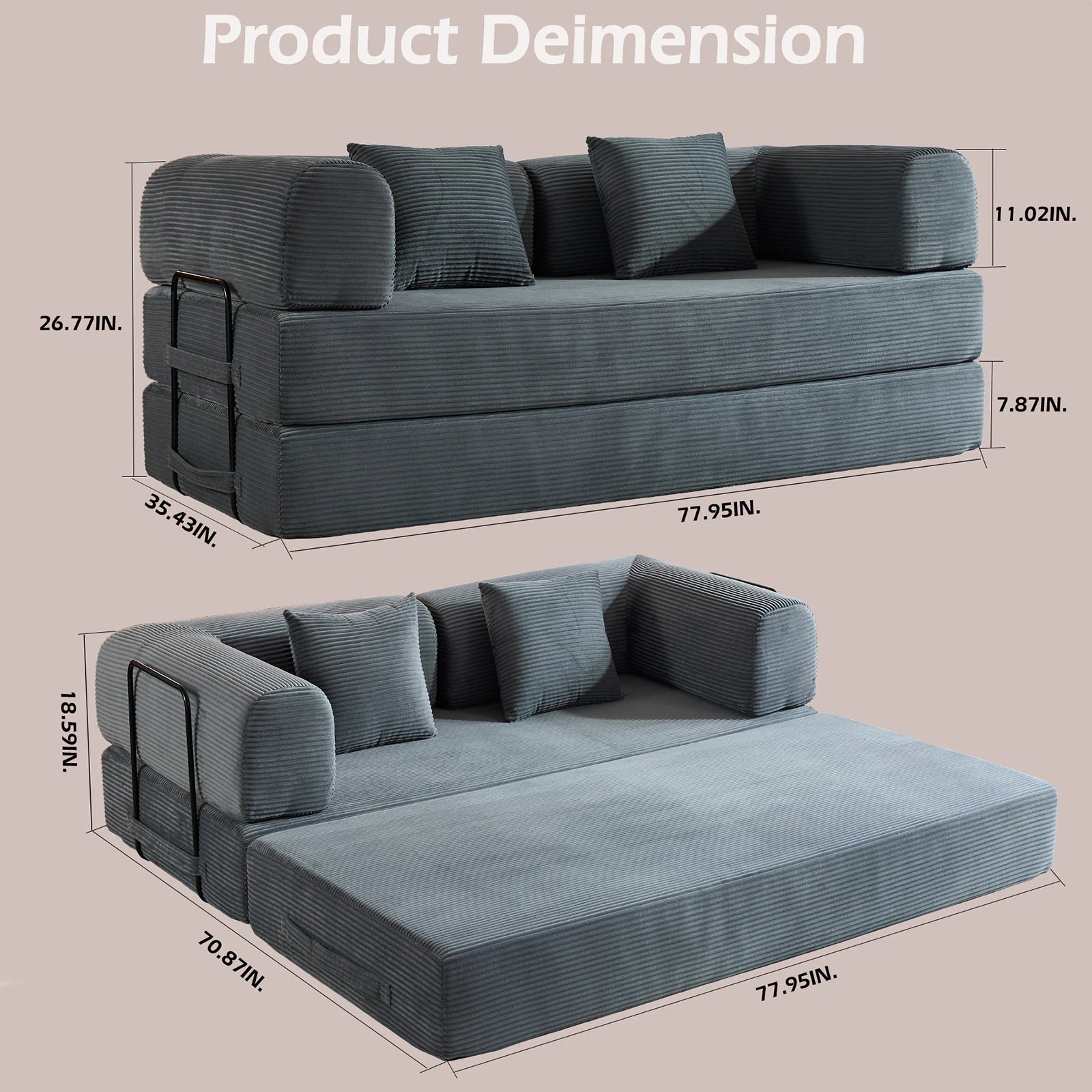 79" Folding Convertible Oversized Corduroy Sofa Bed, Boneless Loveseat