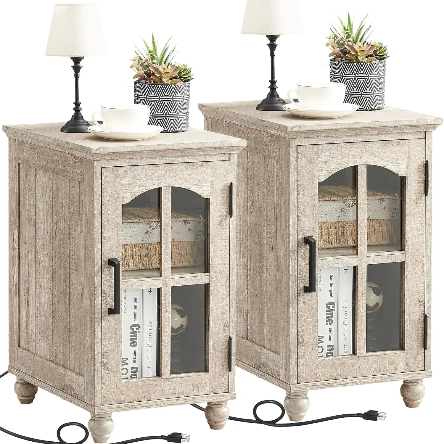 Narrow End Table Set of 2 Charging Station Glass Door
