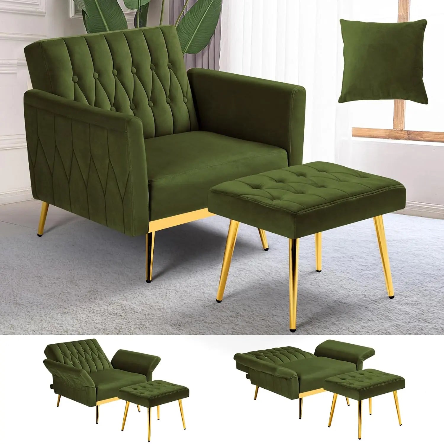 Velvet Recliner Chair Adjustable Armrests and Backrest, Button Tufted Chair