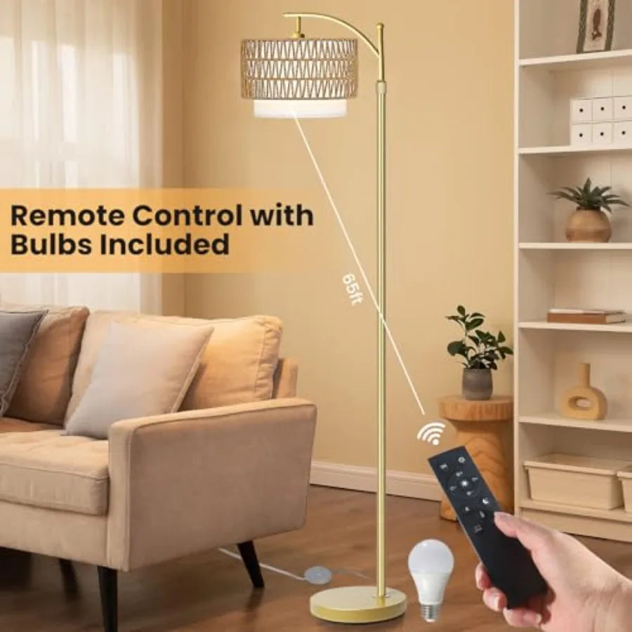 Arc Gold Floor Lamps, Remote Control, Dimmable Bulb, Rattan Boho