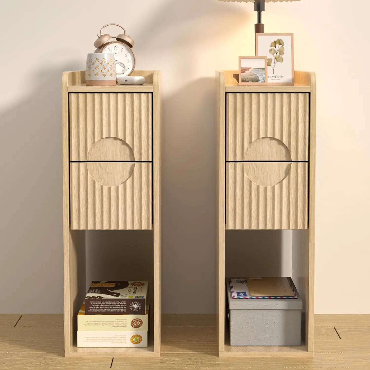 Narrow Fluted End Tables, Set of 2, Wooden 2 Drawers, Slim Nightstands