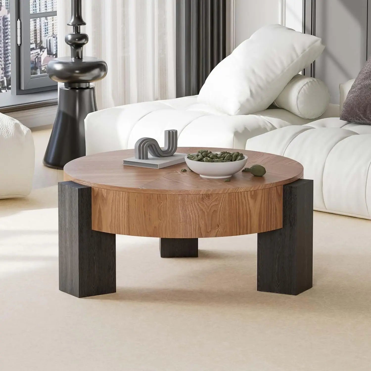 Modern Wabi-Sabi Style Circle Coffee Table Hidden Storage  Wood Center