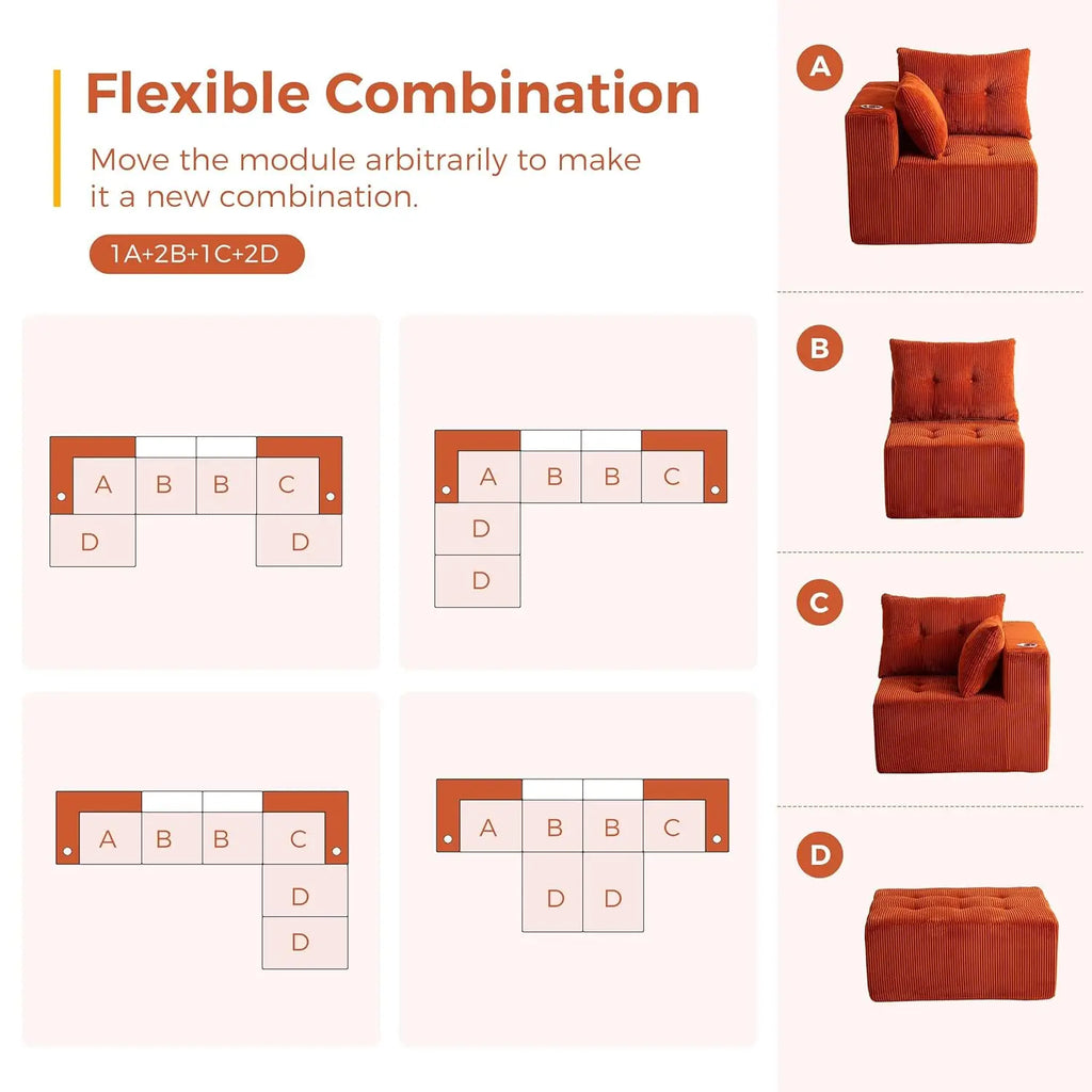 129.5" U Shaped Sectional, 2 Ottomans, Tufted Cloud 6 Seat Sleeper