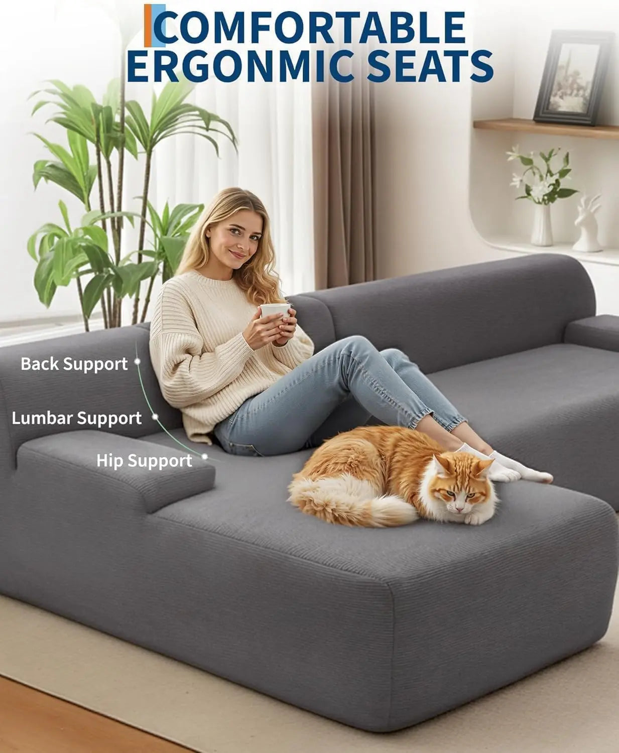 108"  Boneless Corduroy Cloud Sectional Sofa, Left-Facing Chaise, Soft Deep Lounger