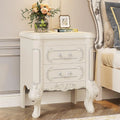 White Nightstand, End Table 2-Drawers Carved Side Table