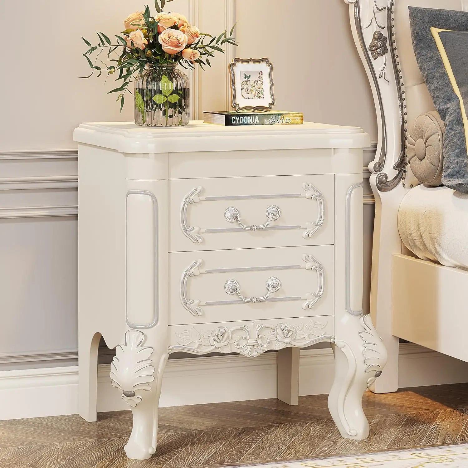 White Nightstand, End Table 2-Drawers Carved Side Table