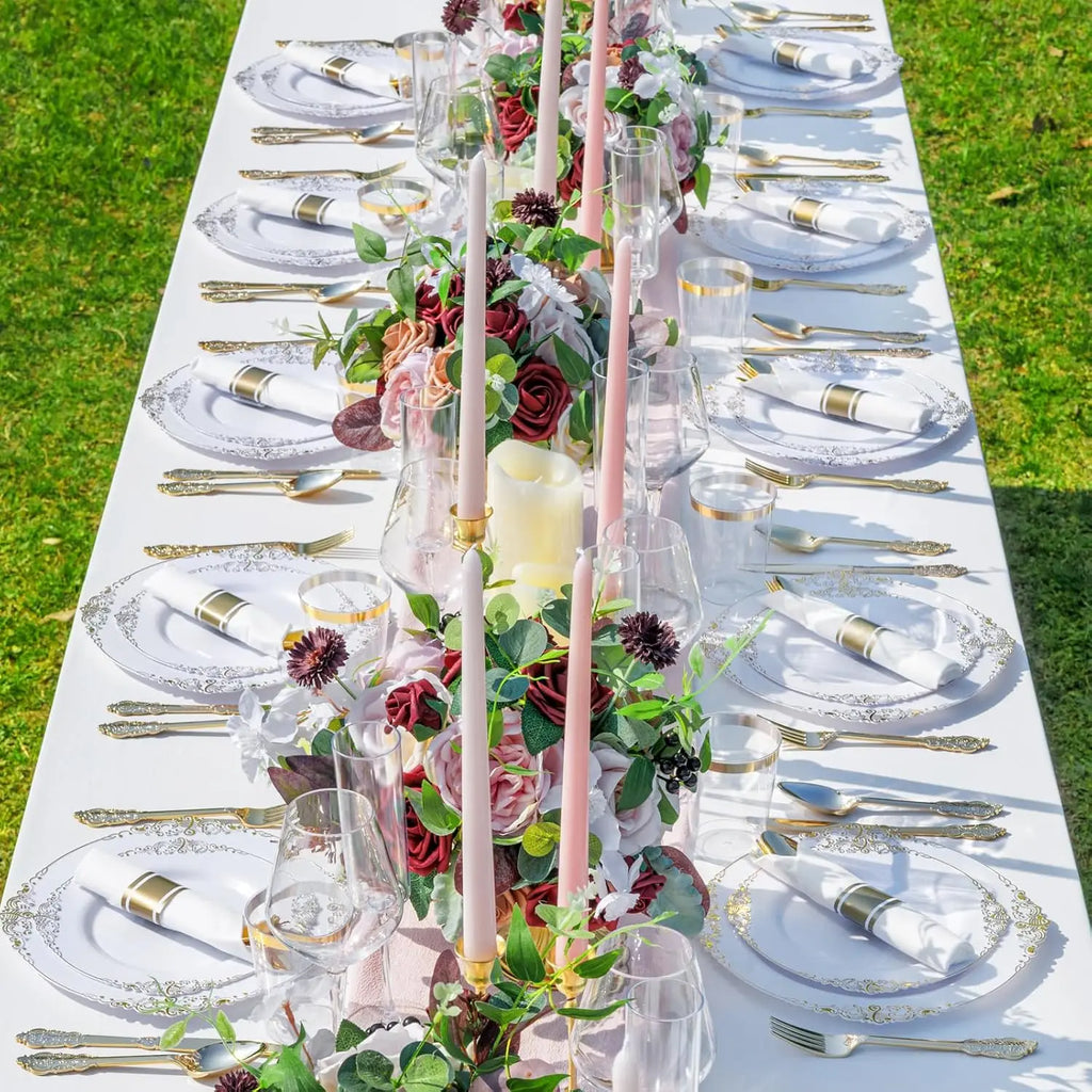 350PCS Plastic Gold Dinnerware for 50, Disposable Plates, Silverware, Cups, Napkins
