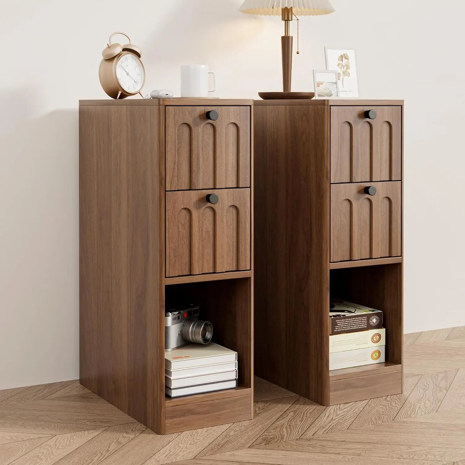 Narrow Fluted End Tables, Set of 2, Wooden 2 Drawers, Slim Nightstands