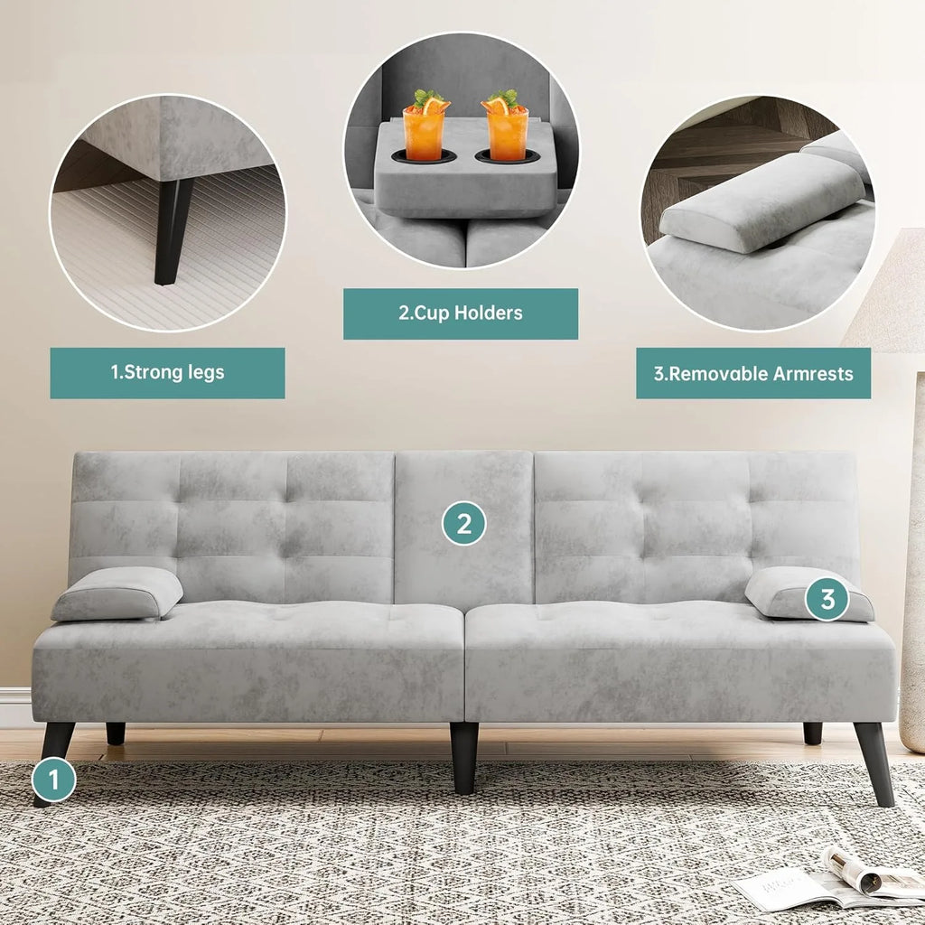 64IN Futon Bed, 2-Cup Holders, 3 Adjustable Angle,  Removable Parts