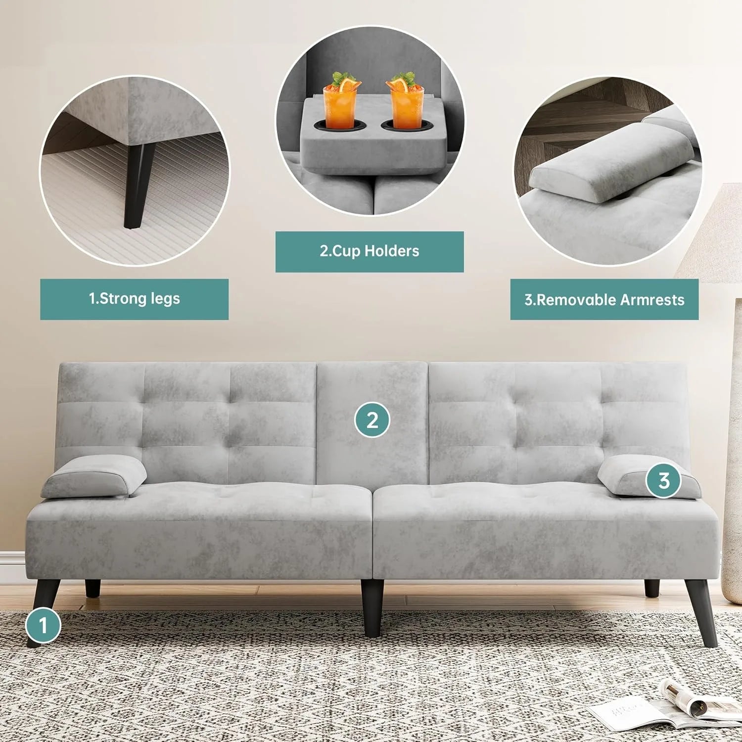 64IN Futon Bed, 2-Cup Holders, 3 Adjustable Angle,  Removable Parts