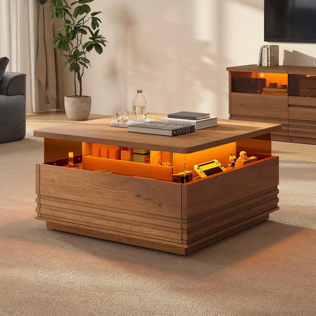 Square Fluted Coffee Table LED Lights Tempered Glass Drawer