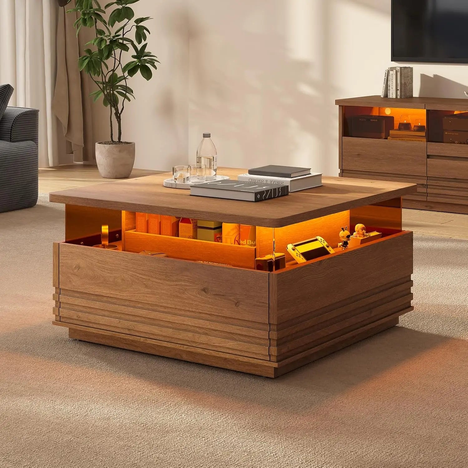 Square Fluted Coffee Table LED Lights Tempered Glass Drawer
