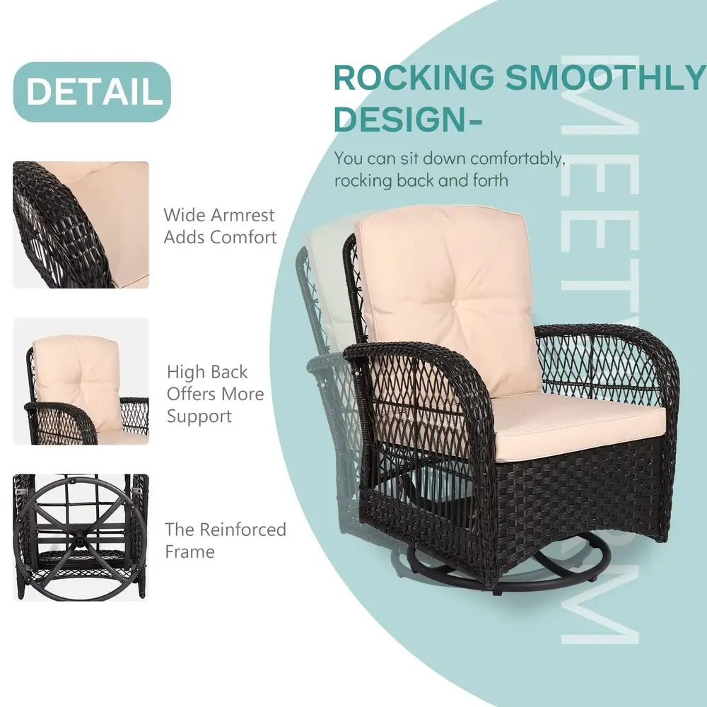 3-Piece Wicker Swivel Rocker Patio Set, Thickened Cushion, Glass Top Table