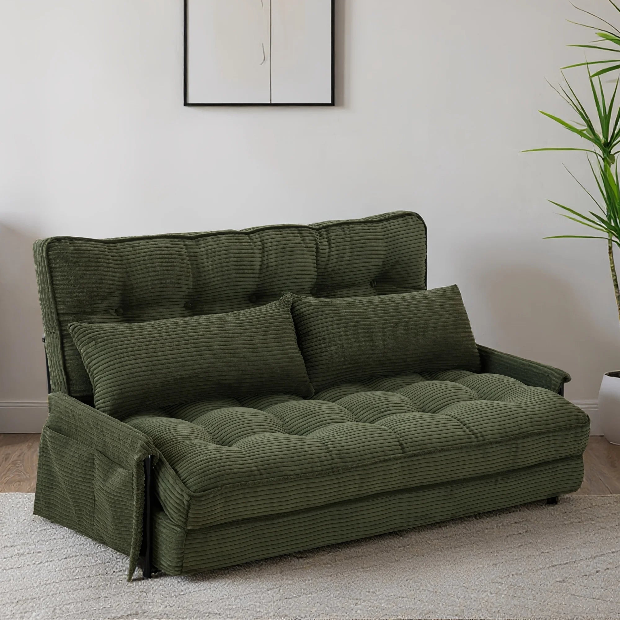 Convertible Foldable Sleeper Chair Memory Foam Corduroy Fabric Metal Frame