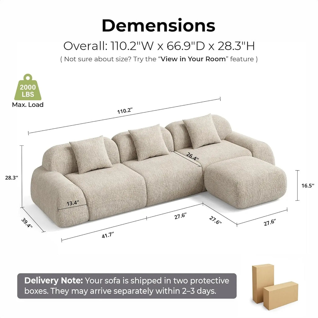 Modular Sectional Sofa Ottoman 110IN L-Shape Chenille Upholstery Deep Seat