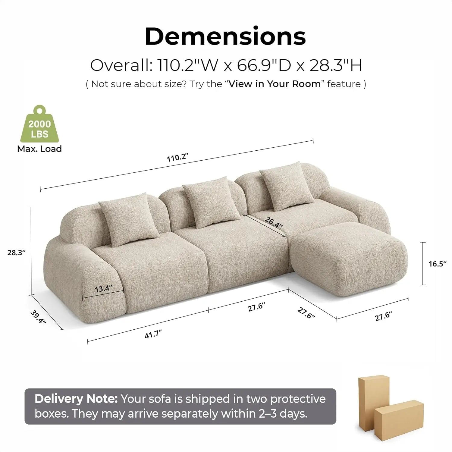 Modular Sectional Sofa Ottoman 110IN L-Shape Chenille Upholstery Deep Seat