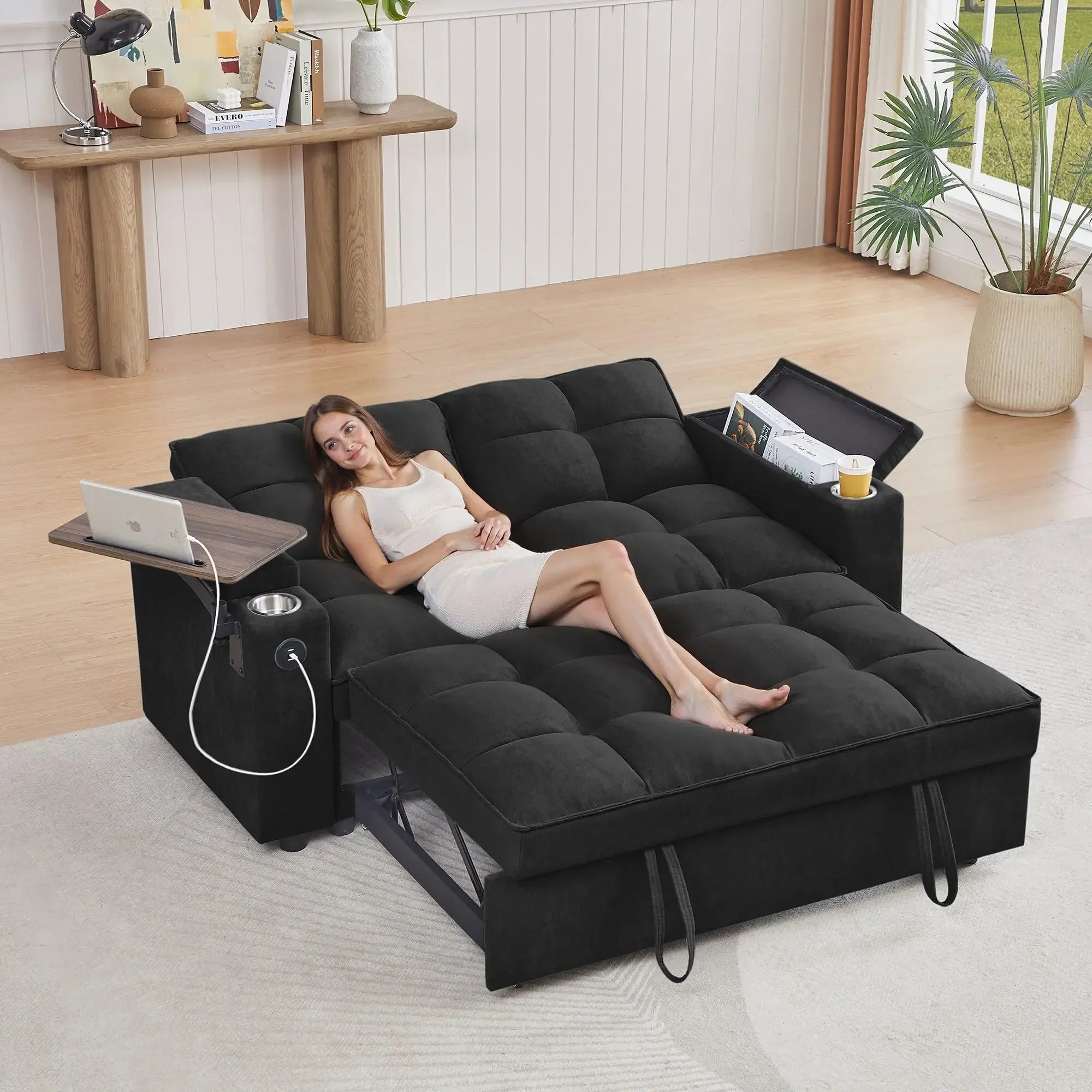 65'' 3-in-1 Folding, Pullout, Convertible Sofa Bed, 360° Swivel Side Table