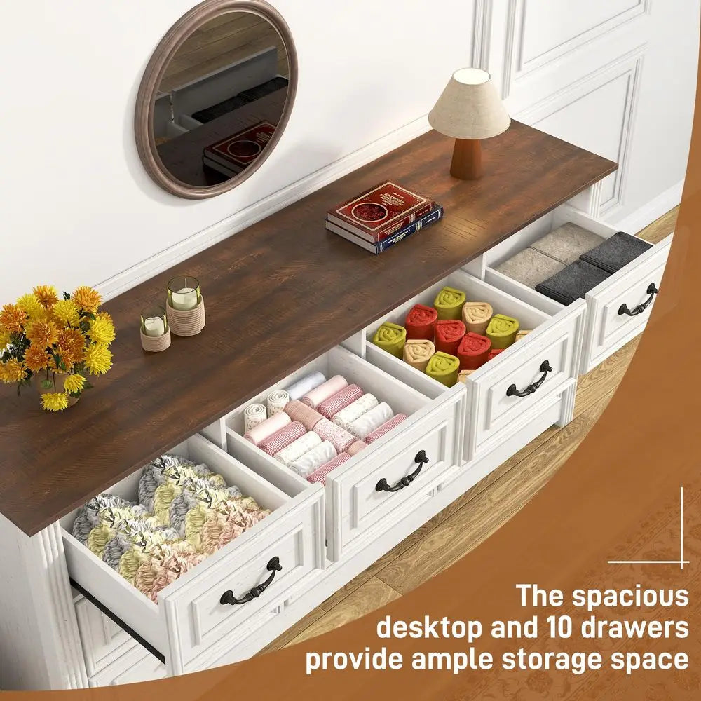 Farmhouse 12-Drawer 63IN Wood Chest of Drawers, Rustic Handles