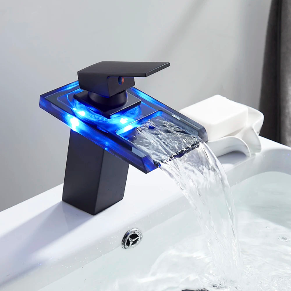 LED Color Changing Waterfall Faucet, Deck Mounted Hot/Cold Mixer Tap
