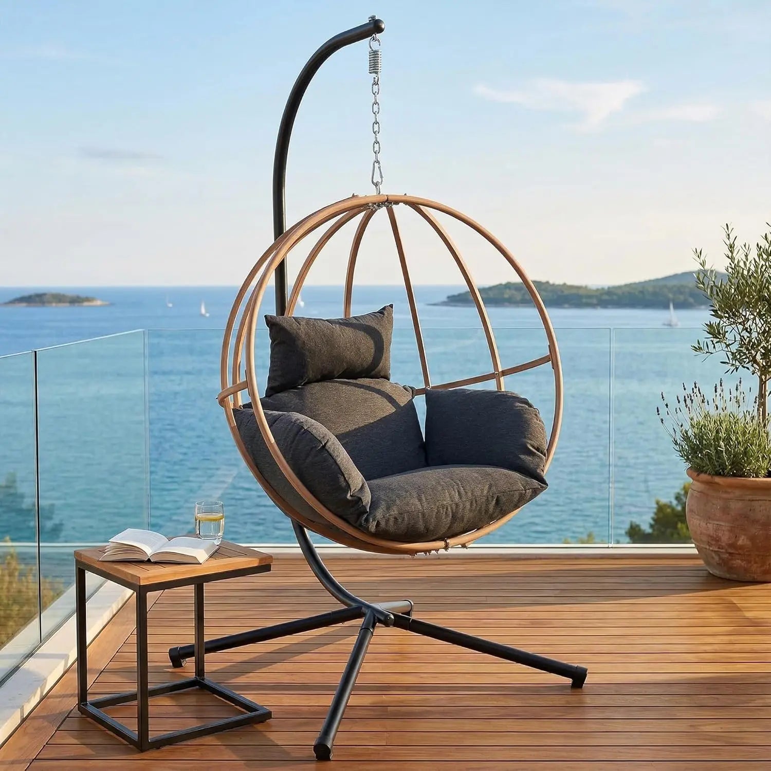 Double Egg Swing Chair, Stand, Cushions, Headrest, 80"H Metal Basket