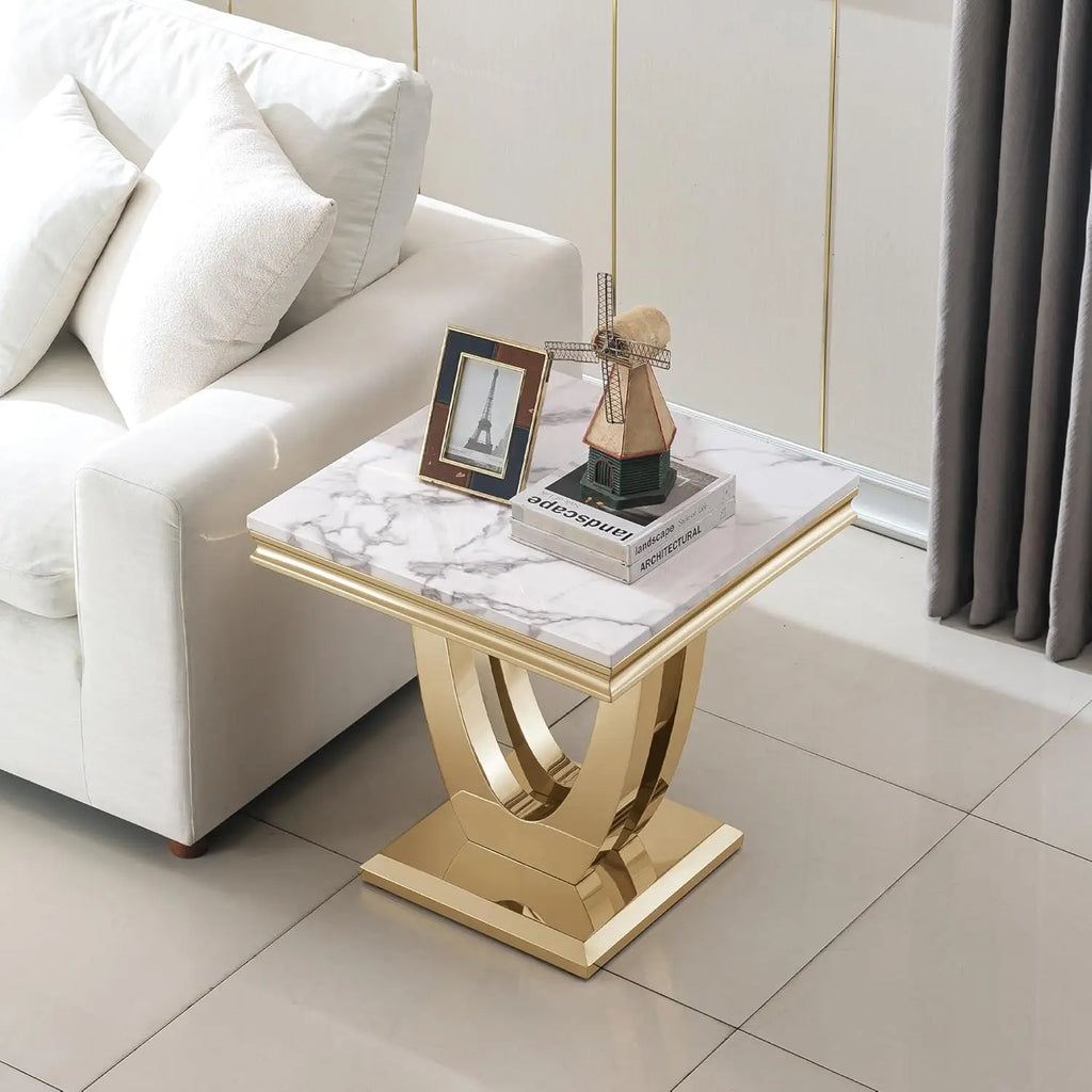 Luxury White Faux Marble End Table, Side Table U-Shape Gold Mirrored