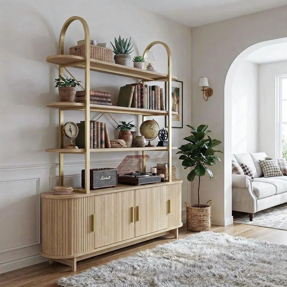 Elegant Tall Arched Wooden Bookcase Cabinet, Sliding Doors, Secret Compartments
