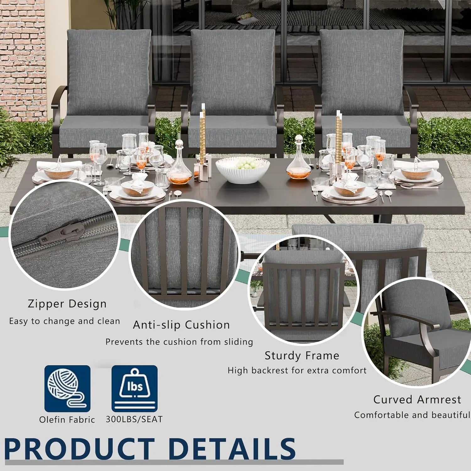 7-Piece Outdoor Set for 6, Metal Patio Table Chairs Cushions, 2 Swivel