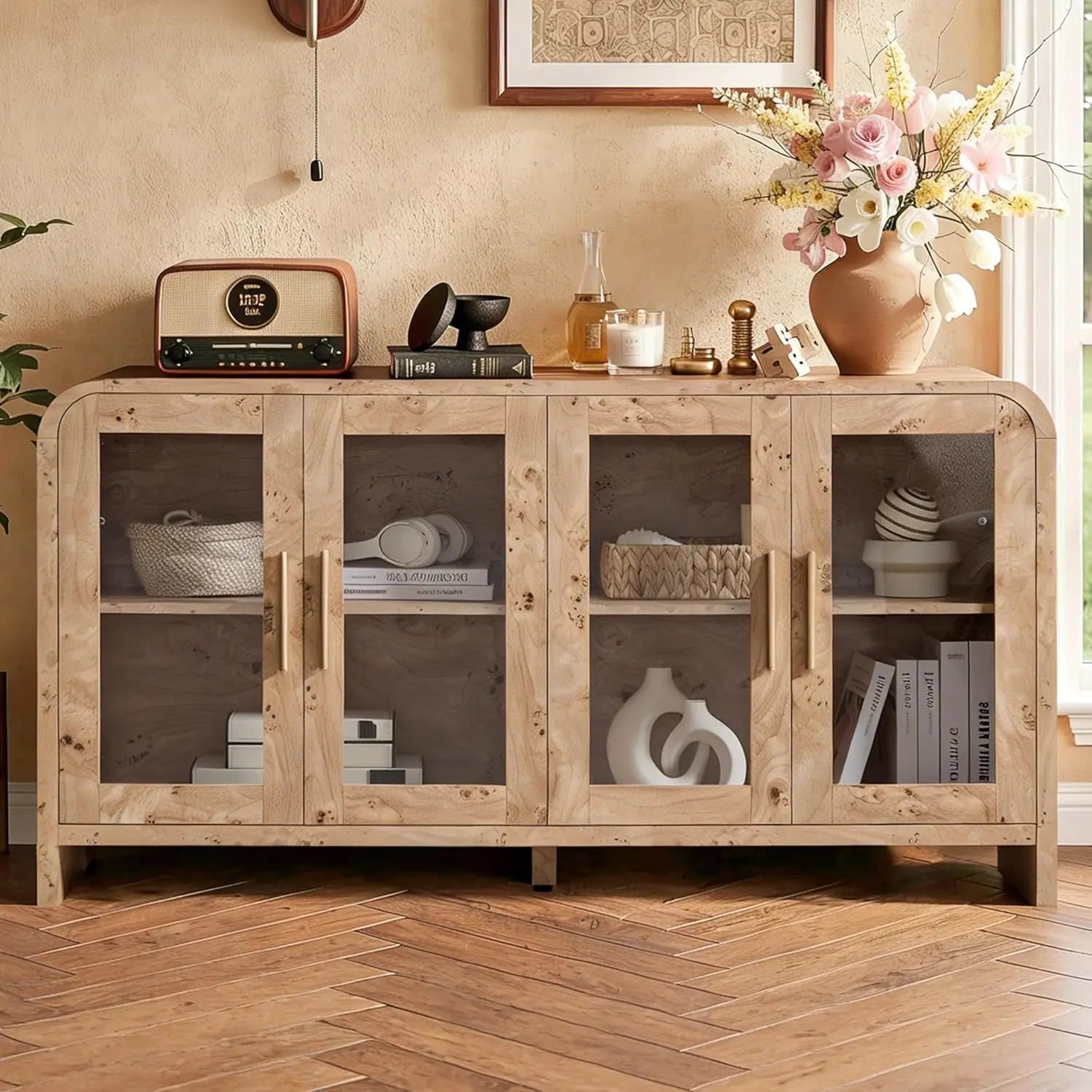 59" Sideboard Buffet Cabinet Storage, Adjustable Shelves 4 Glass Doors