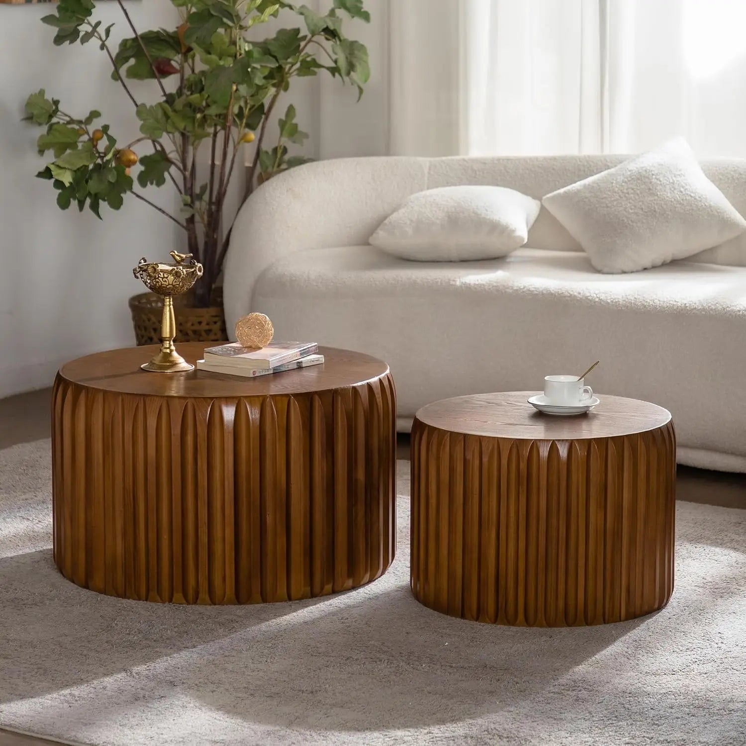 47.25" Round Wood Drum Coffee Table Set 2 No Assembly