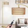 Arc Gold Floor Lamps, Remote Control, Dimmable Bulb, Rattan Boho