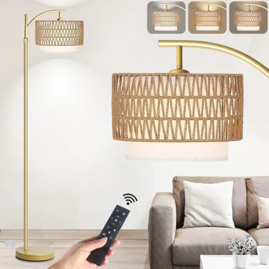 Arc Gold Floor Lamps, Remote Control, Dimmable Bulb, Rattan Boho
