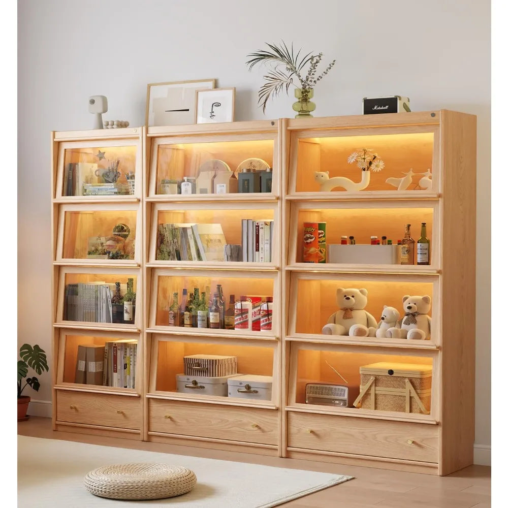 73" Tall 4 -Tier Wood Bookcase, Flip-Up Tempered Glass Doors, 3 Color LED