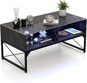 LED High Gloss Faux Marble Tempered Glass Top Coffee Table 4 Cubes
