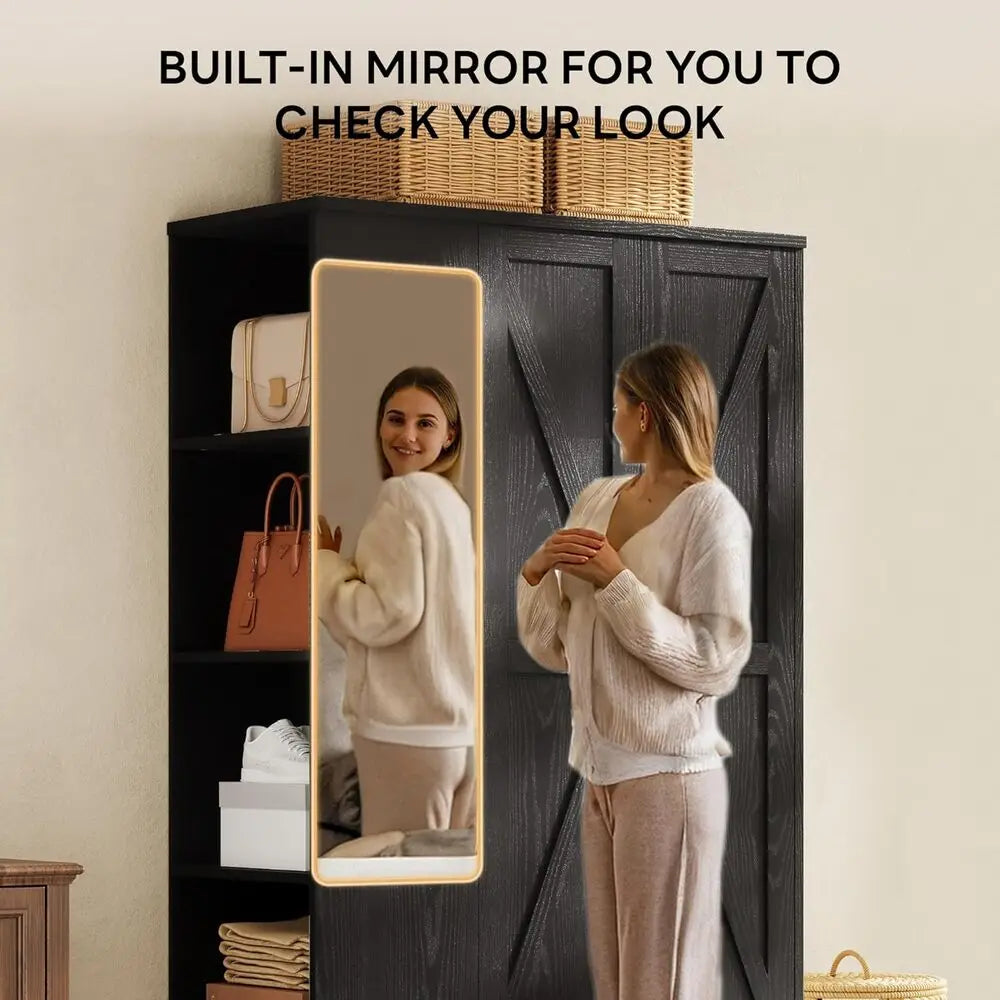 70" Armoire Wardrobe Hanging Rail 2-Door, Drawer, Shelves, Mirror