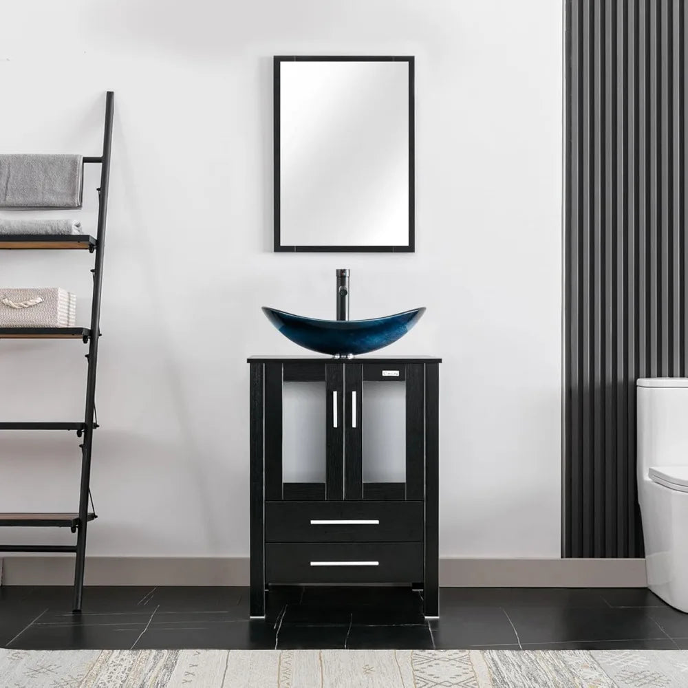 24" Vanity Blue Glass Vessel 2 Drawers Cabinet Soft Closing